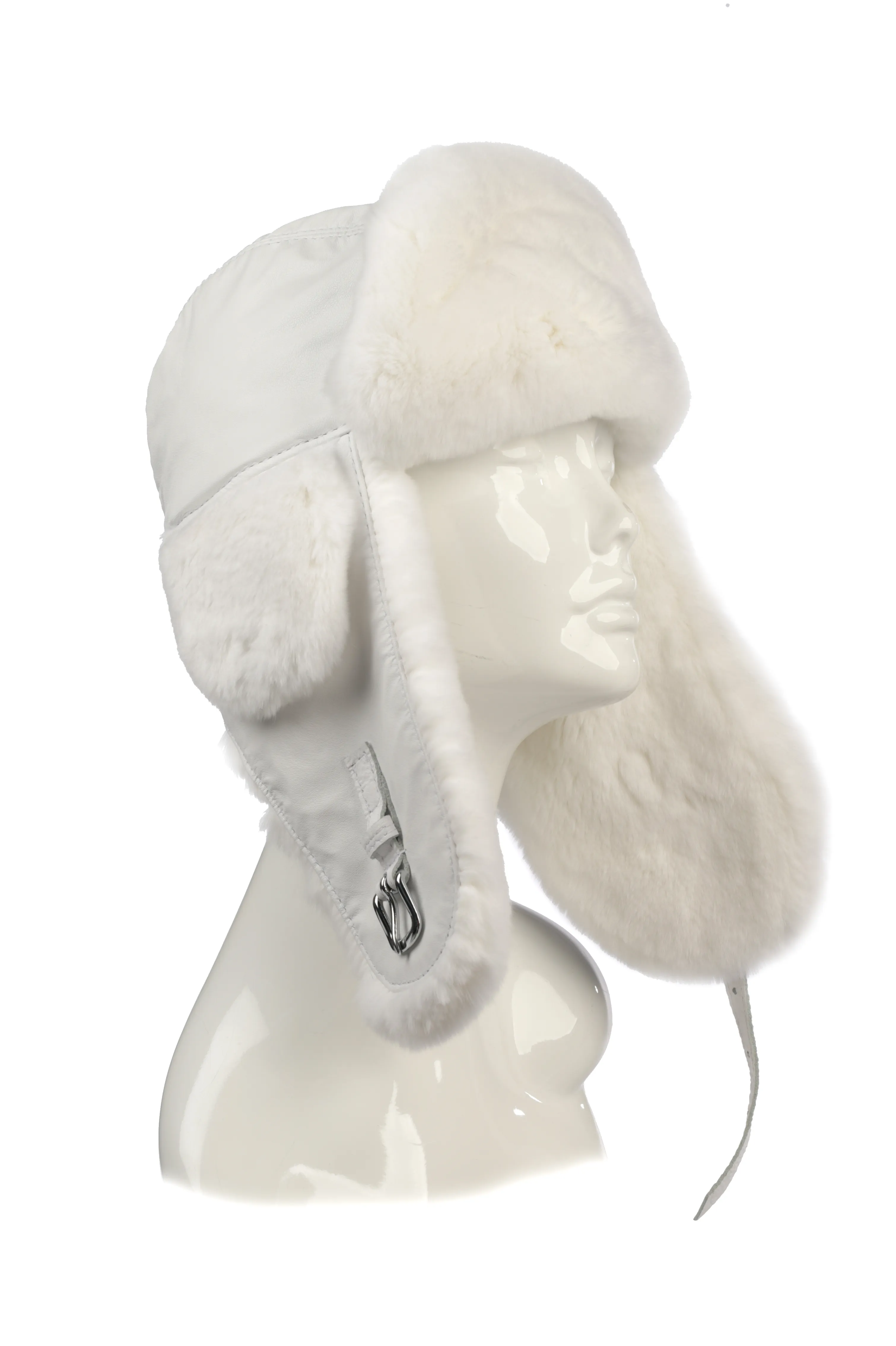 Chapeau aviateur en fourrure - Lapin rex blanc